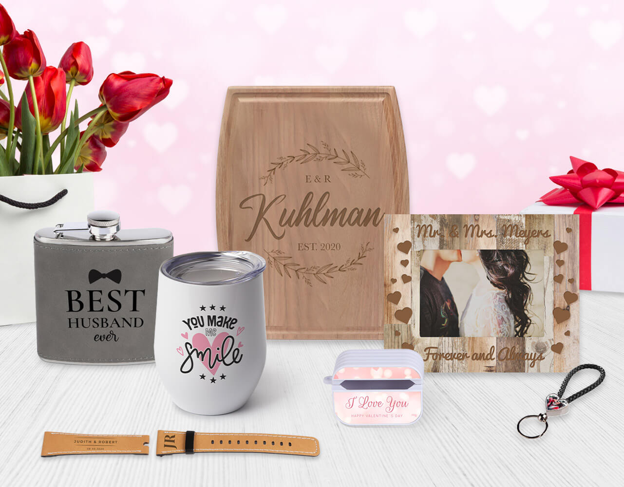 assortment of personalized items with a Valentine theme