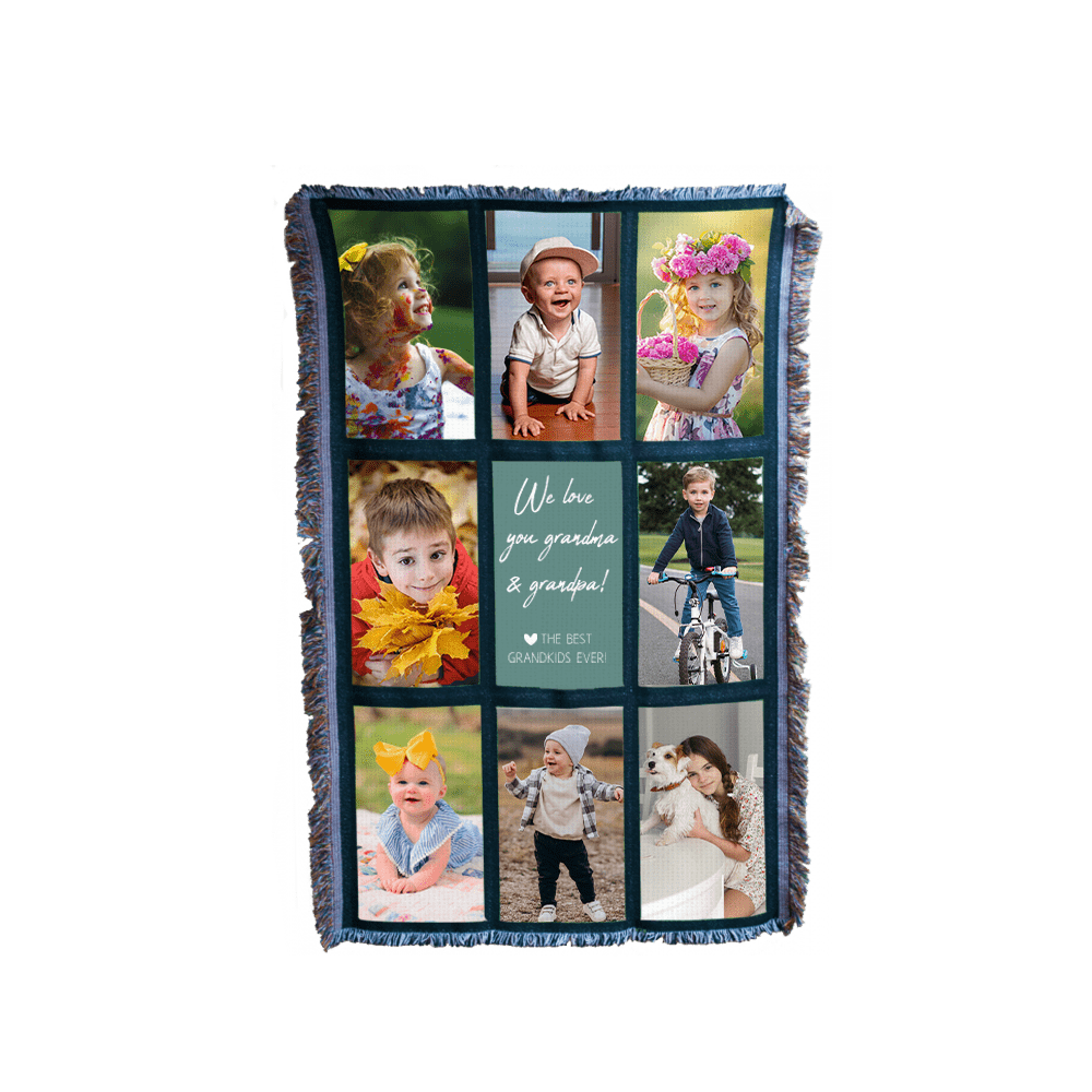 personalized throw with images and a quote in the center