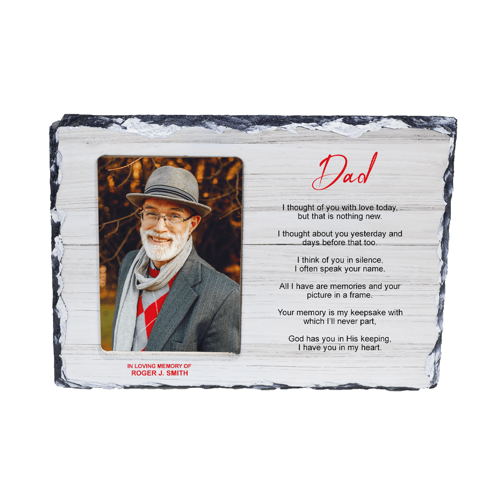 personalized offset photo slate frame with photo of a man, a poem, name, and dates